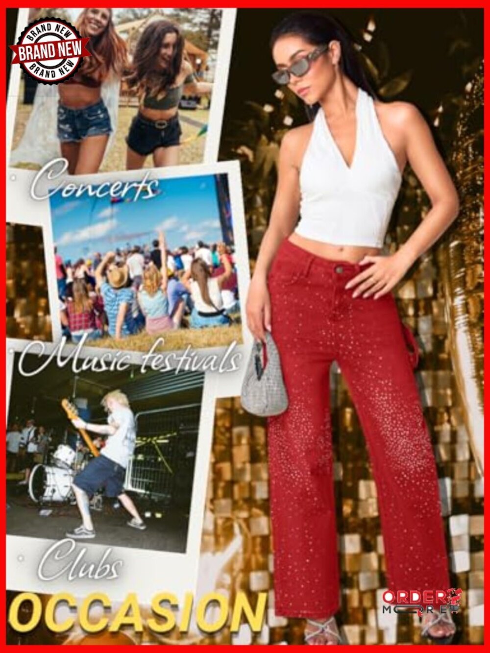 Sparkly Rhinestone Straight Leg Low Rise Baggy Jeans Embellished Denim - Picture 3 of 7